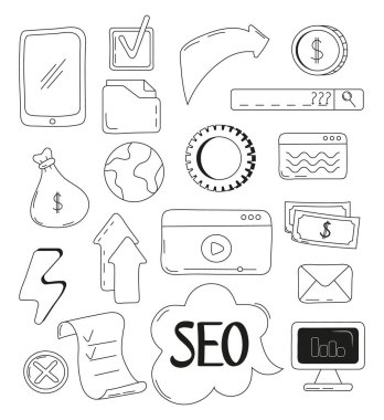 Seo simgeleri karalama tarzında dizilmiş. Web el çizimi işaret vektörü çizimi. Web sitesi, bilgi, dişli, bulut rlrmrnts optimizasyonu.