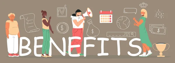 Benefits Worker Buyer Big Letters Employees Money Winner Cup Worker — Stock Vector