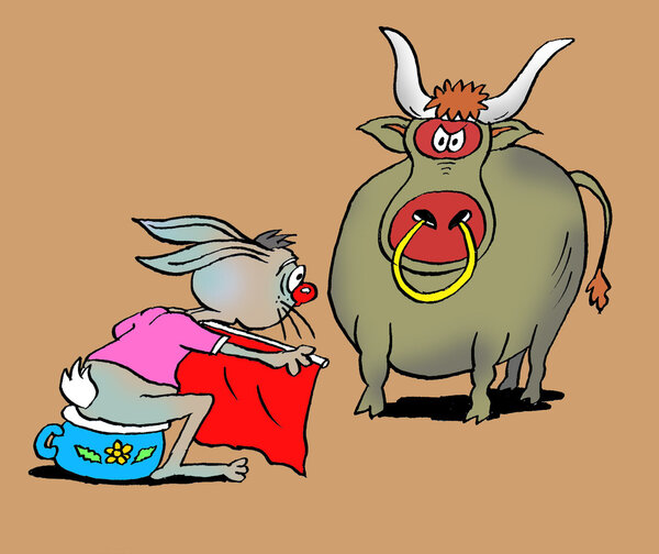 Caricature. Bull fighting in water closet