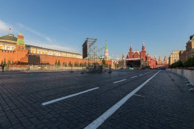 Moscow, Russia, 6 June 2022: Morning landscape around the Red Square and the Kremlin. Early morning of warm sunny summer day in the center of Moscow capital