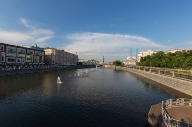 Moscow, Russia, 6 June 2022: Morning landscape around the Bolshoi Moskvoretsky Bridge. Moscow river