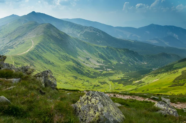 Zomer bergen groen gras en blauwe lucht landschap. — Stockfoto