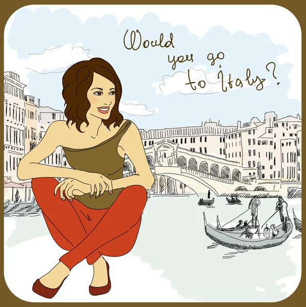 Pretty girl on a italy-background — Stock Vector