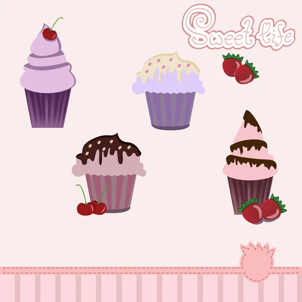 Ilustración de un conjunto aislado de hermosos cupcakes de celebración — Vector de stock