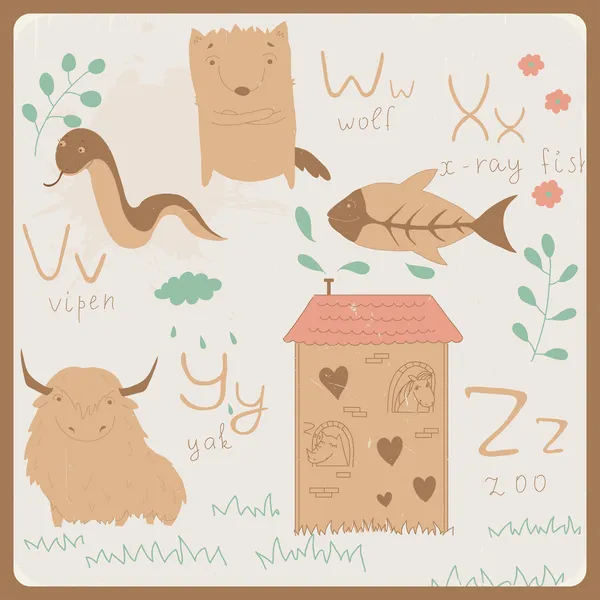 Funny animals alphabet for kids. V to Z — Stock Vector