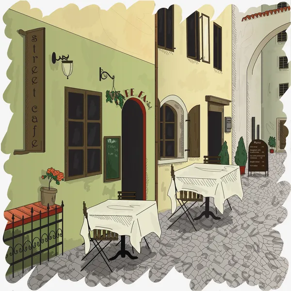 Postal retro con café en la calle — Vector de stock