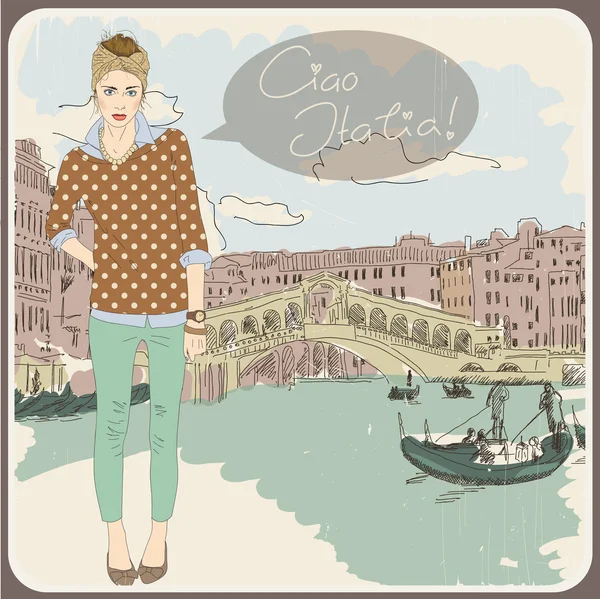 Pretty fashion girl on a Venice background. Vector illustration — Stock Vector