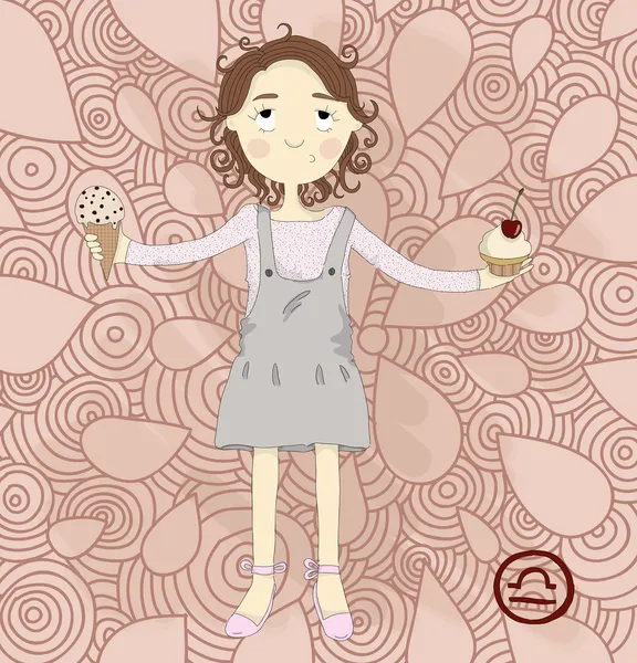 Segno zodiacale libra. Carino bambina vuole mangiare gelato invece di cupcake eps 10 — Vettoriale Stock