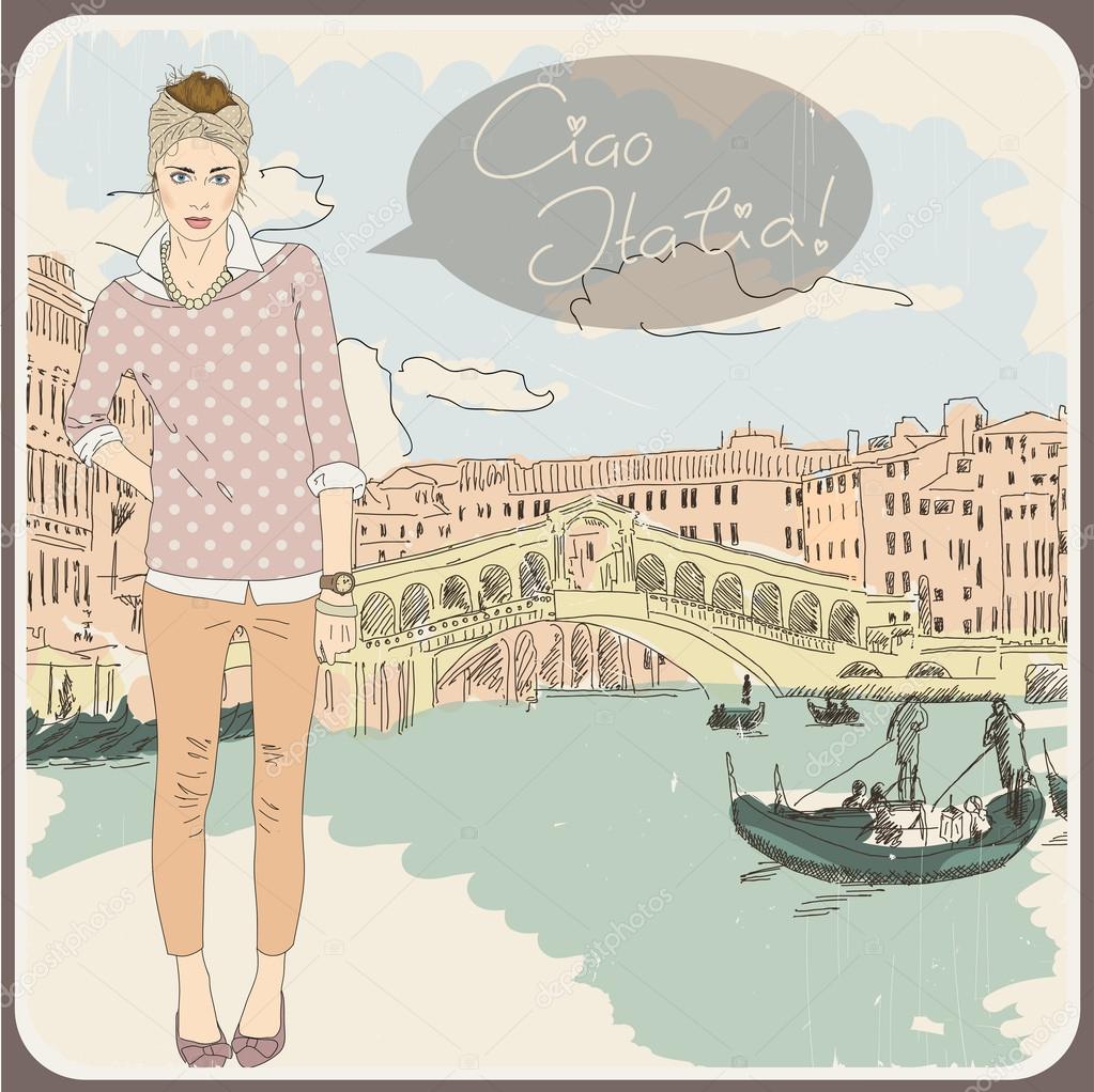 Pretty fashion girl on a Venice background. Vector illustration
