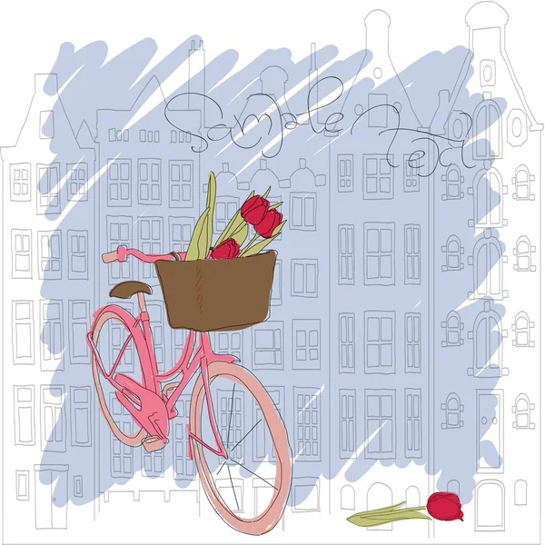 Schöne Karte mit hübschem Fahrrad und gelben Rosen auf Stadthintergrund — Stockvektor