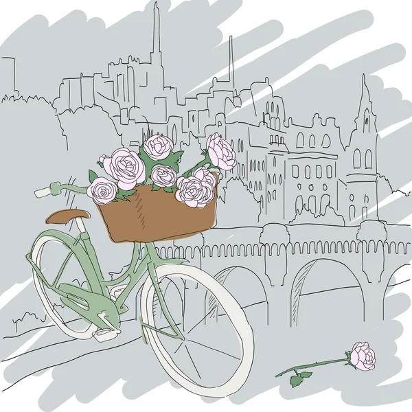 Belle carte avec joli vélo et roses jaunes sur fond de ville — Image vectorielle