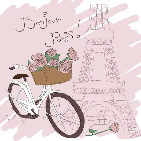 Belle carte avec joli vélo et roses jaunes sur fond de ville — Image vectorielle