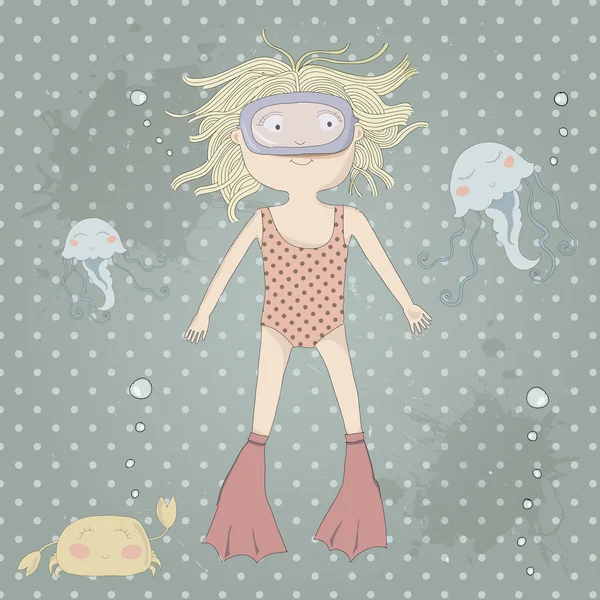 Zodiac sign Pisces. Cute little girl swimming with jellyfishes — Stock Vector