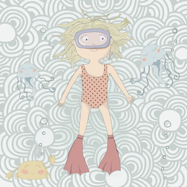 Sternzeichen Fische. Nettes kleines Mädchen schwimmt mit Quallen — Stockvektor
