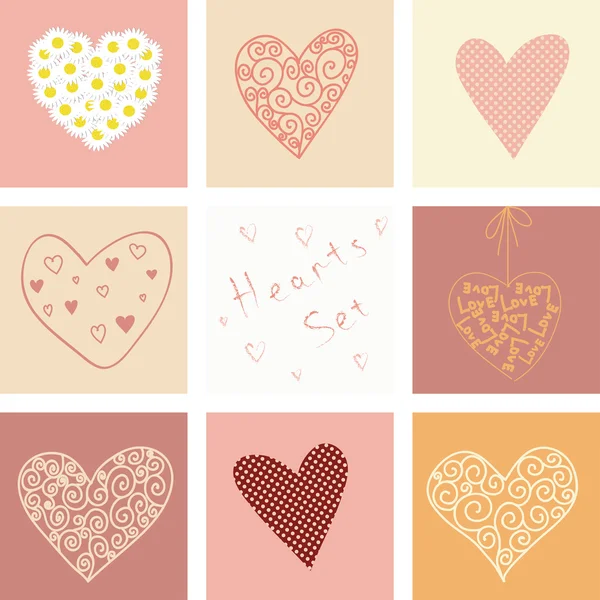 Conjunto de corazones para el día de San Valentín y su tarjeta de felicitación — Archivo Imágenes Vectoriales
