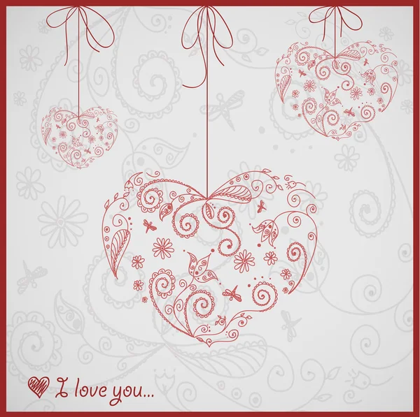 Grande carta per San Valentino con cuori graziosi ornamento — Vettoriale Stock