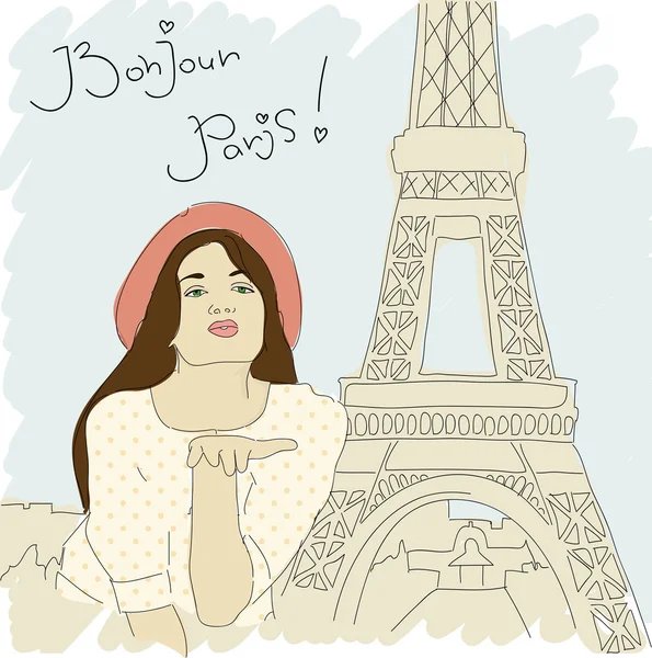 Una chica guapa con antecedentes parisinos. Ilustración vectorial — Archivo Imágenes Vectoriales