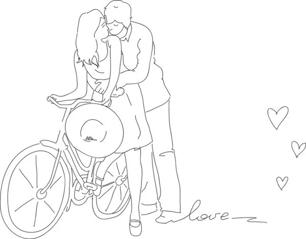 Tarjeta vectorial dibujada a mano con pareja yang en la bicicleta — Vector de stock