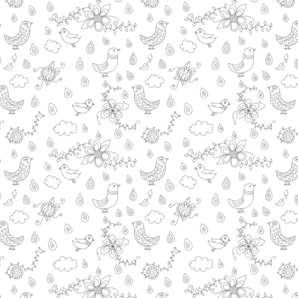 Vintage floral hand drawn seamless pattern with birds — Stock Vector