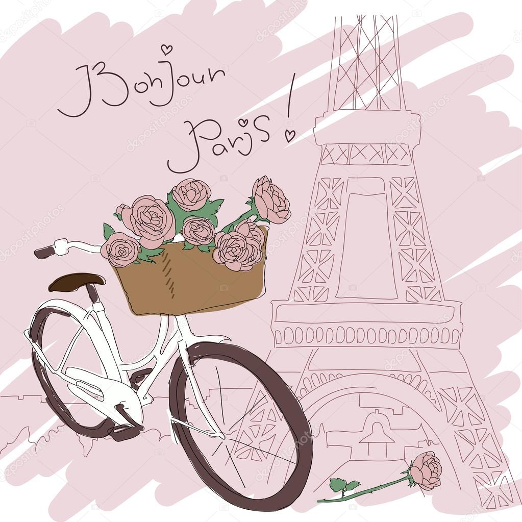 Beautiful card with pretty bicycle and yellow roses on city background