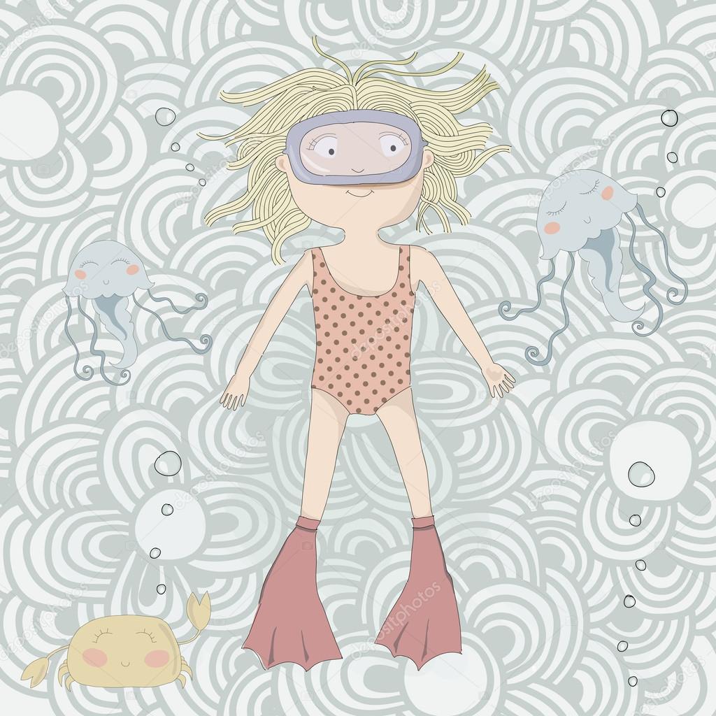Zodiac sign Pisces. Cute little girl swimming with jellyfishes