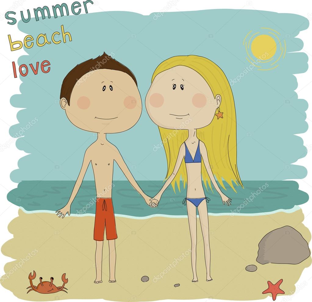 A bright illustration of a couple on the beach.