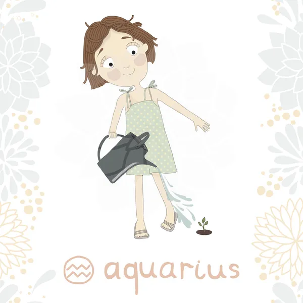 Segno zodiacale Acquario. Grazioso bambino irrigazione fiore — Vettoriale Stock