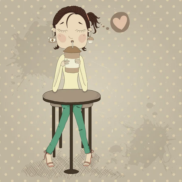 Cute girl sitting at the table drinking coffee — Stock Vector