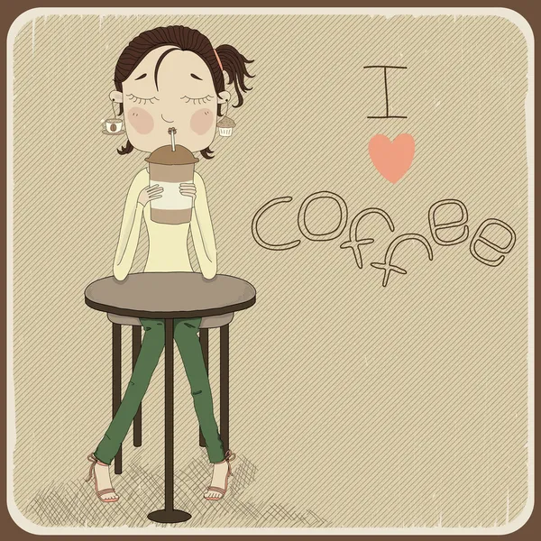 Cute girl sitting at the table drinking coffee — Stock Vector