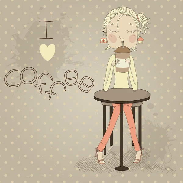 Симпатичная девушка сидит за столом и пьет кофе. — стоковый вектор