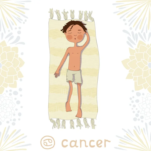 Zodiac sign Cancer. Boy sunbathe on the mat — Stock Vector