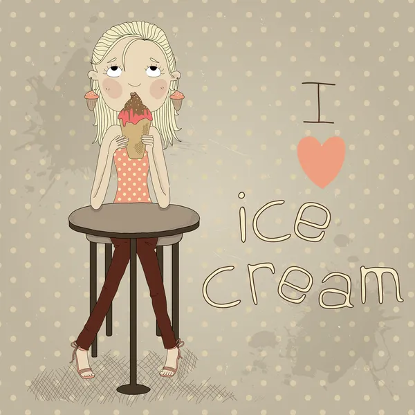 Roztomilá dívka, sedící u stolu jíst zmrzlinu — Stockový vektor