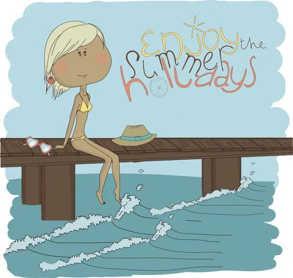 Girl sitting on a pier — Stock Vector