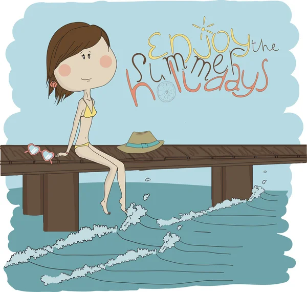 Girl sitting on a pier — Stock Vector