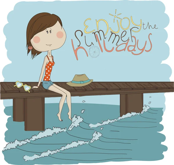 Girl sitting on a pier — Stock Vector