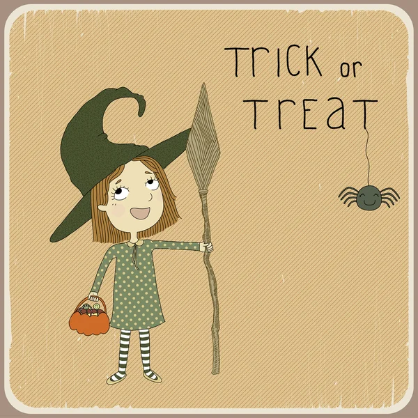 Petite fille habillée en sorcière. Carte postale pour Halloween — Image vectorielle