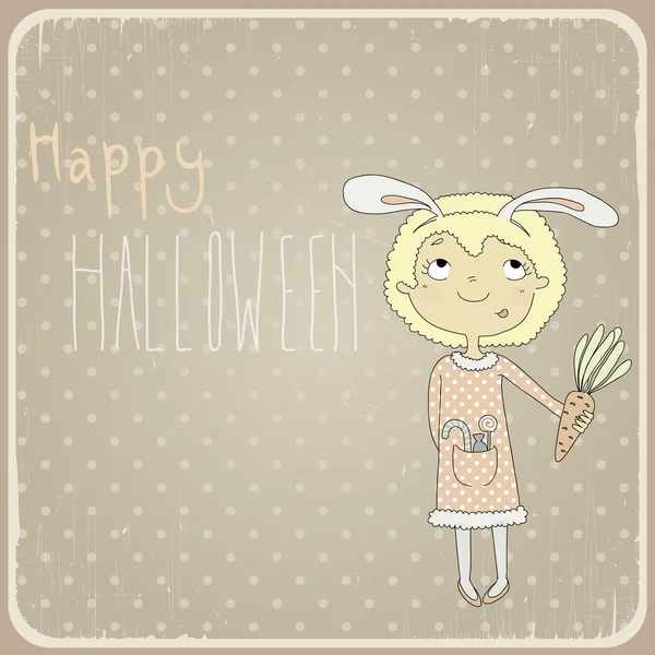 Menina bonito em um terno de coelho. Cartão postal de Halloween — Vetor de Stock