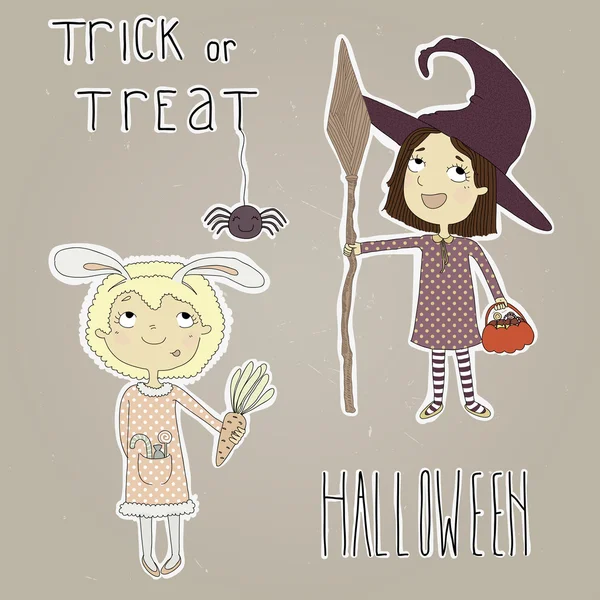 Stickers voor halloween. stickers meisjes gekleed in kostuum Stockillustratie