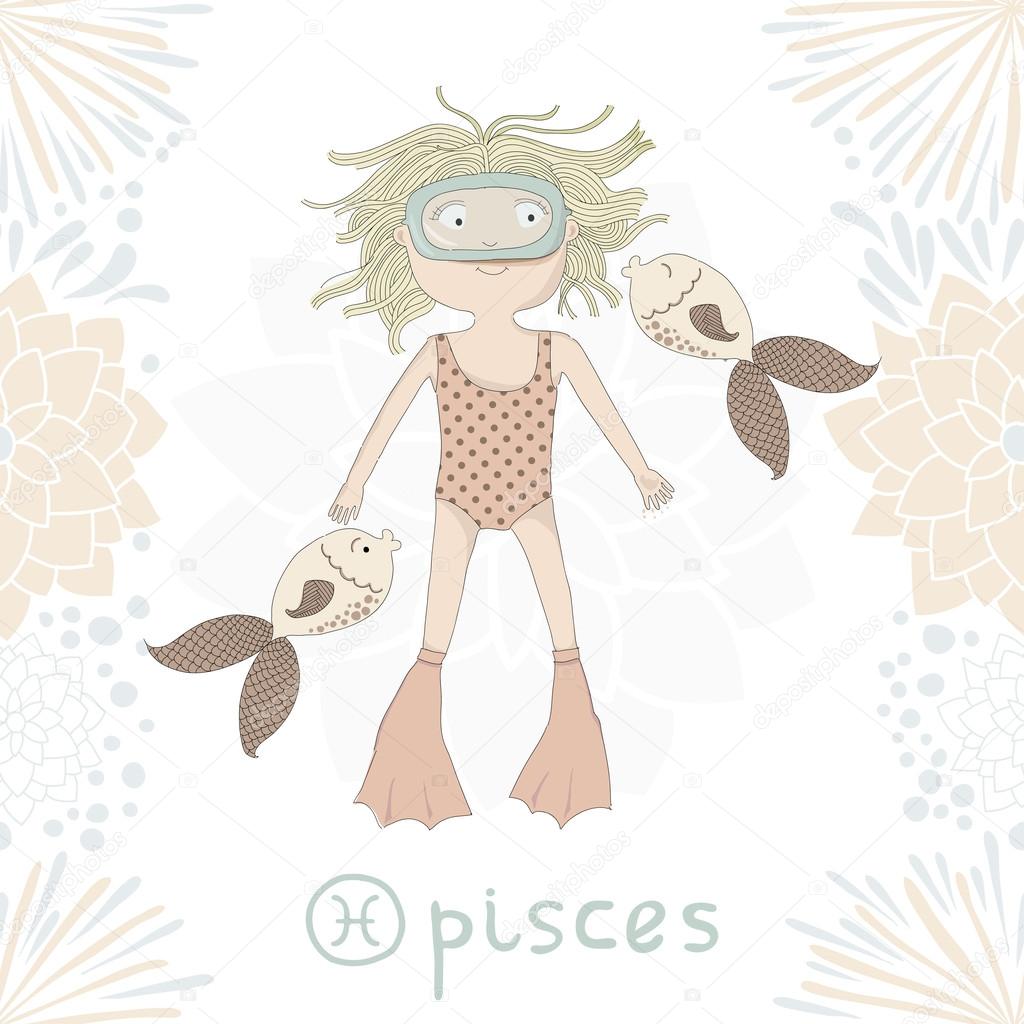 Zodiac sign Pisces. Cute little girl swimming with fishes