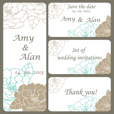 düğün davetiye kümesi. davetiye kartlarla narin çiçekler. EPS 10