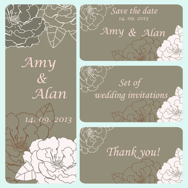 Um conjunto de cartões de convite de casamento. Cartões de convite com flores delicadas. Eps 10 — Vetor de Stock
