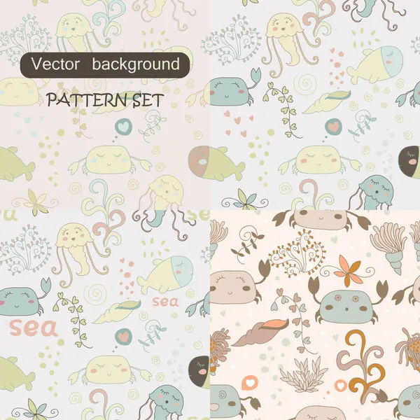 Set of four cute seamless patterns. Cartoon pattern with sea inhabitants: fish, crabs, jellyfish, seaweed. Cute seamless pattern with underwater life eps 10 — Stock Vector