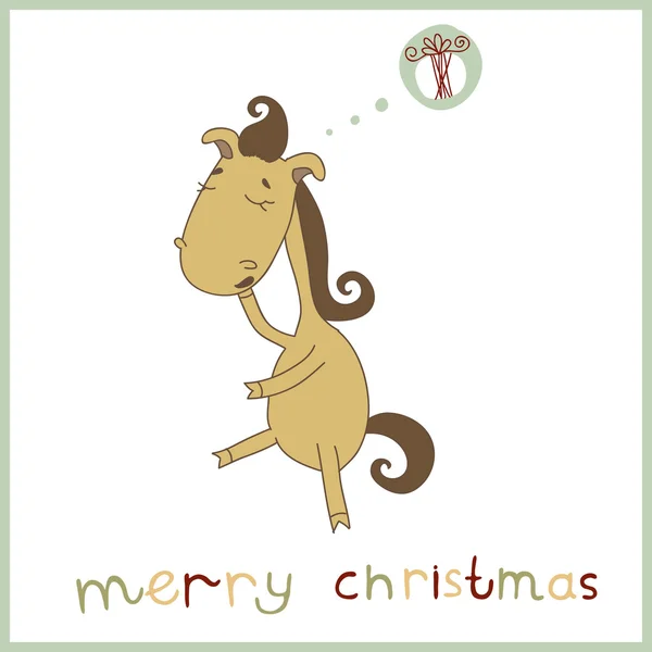 Année du cheval. Carte de Noël et Nouvel An. Illustration vectorielle pour votre design de vacances. Illustration d'un cheval de dessin animé mignon dont le cadeau de Noël de rêve. 2014. Eps 10 — Image vectorielle