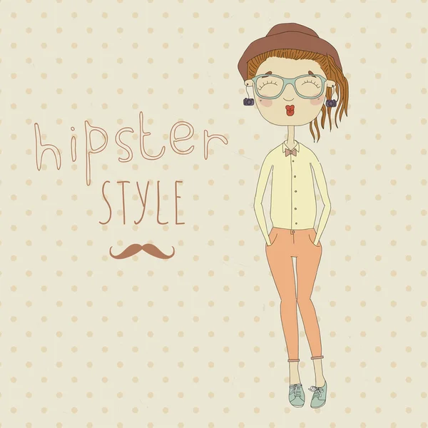 Cute hipster girl painted on the vintage background. Vector illustration. Eps 10 — Stock Vector