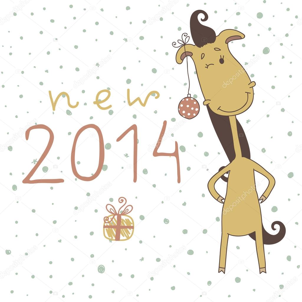 Year of the horse. Christmas and New Year card. Vector illustration for your holiday design. Illustration of a cute cartoon horse. 2014. Eps 10
