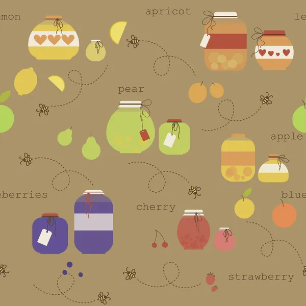 Cute seamless pattern with various fruit jam pot. Eps 10 — Stock Vector