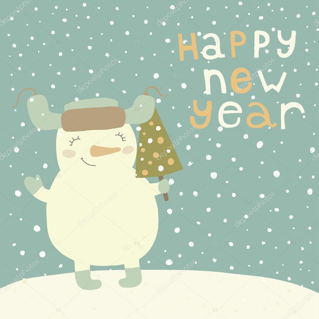 Christmas illustration with cute snowman. Postcard for the new year and for Christmas.Cartoon Christmas card. Eps 10