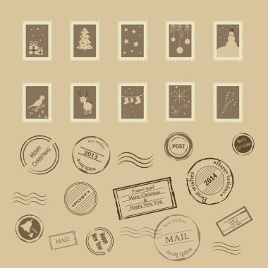 Vector collection of vintage post stamps for Christmas and New year holidays. clipart