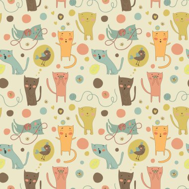 çizgi film, kedi, kuş ve oyuncaklar parlak bir arka plan üzerinde.