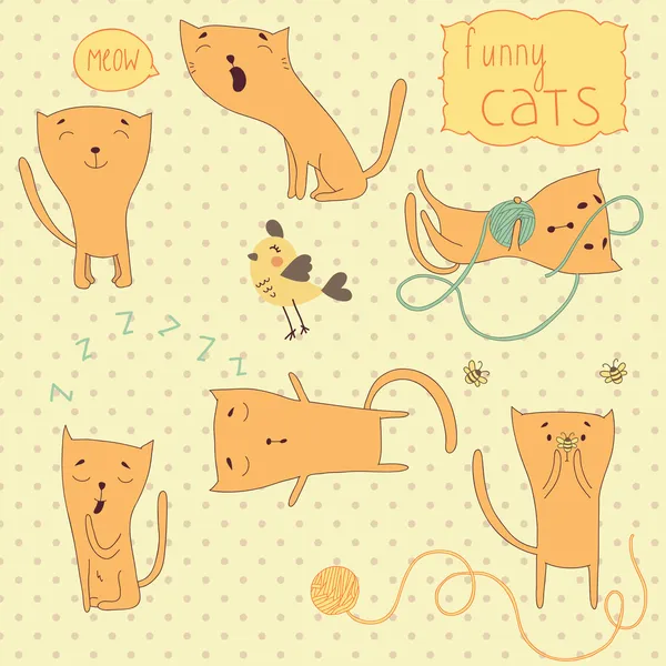 Conjunto de divertidos gatos de dibujos animados. Lindo vector gato, pájaro y juguetes sobre un fondo brillante . — Archivo Imágenes Vectoriales